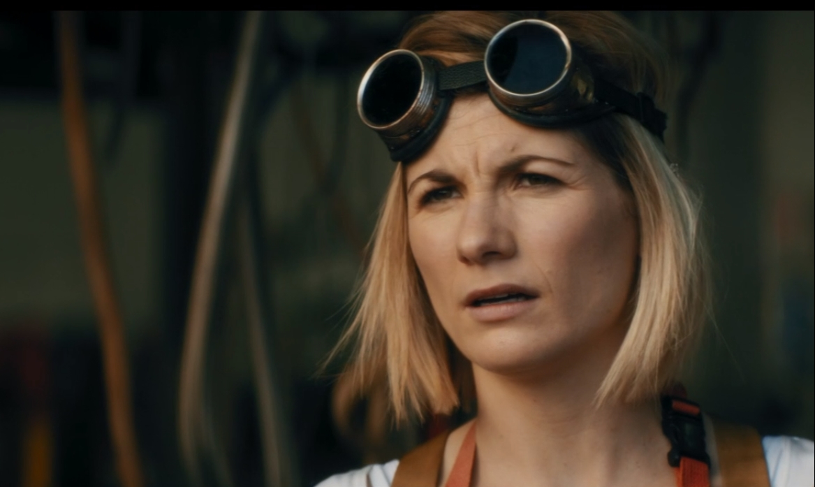 The Doctor (Jodie Whittaker) wearing goggles in Spyfall Part One.